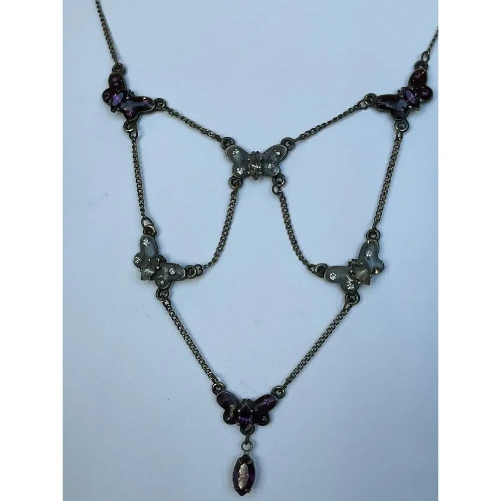 DON LIN Signed Enamel Butterfly Rhinestone Festoon Style Necklace Antiqued Bronz